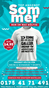 Entdecken Sie unser attraktives Mai-Angebot: Hochwertige T-Shirts mit individuellem Druck in klassischem Weiß oder Schwarz