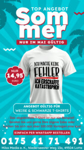 Entdecken Sie unser attraktives Mai-Angebot: Hochwertige T-Shirts mit individuellem Druck in klassischem Weiß oder Schwarz